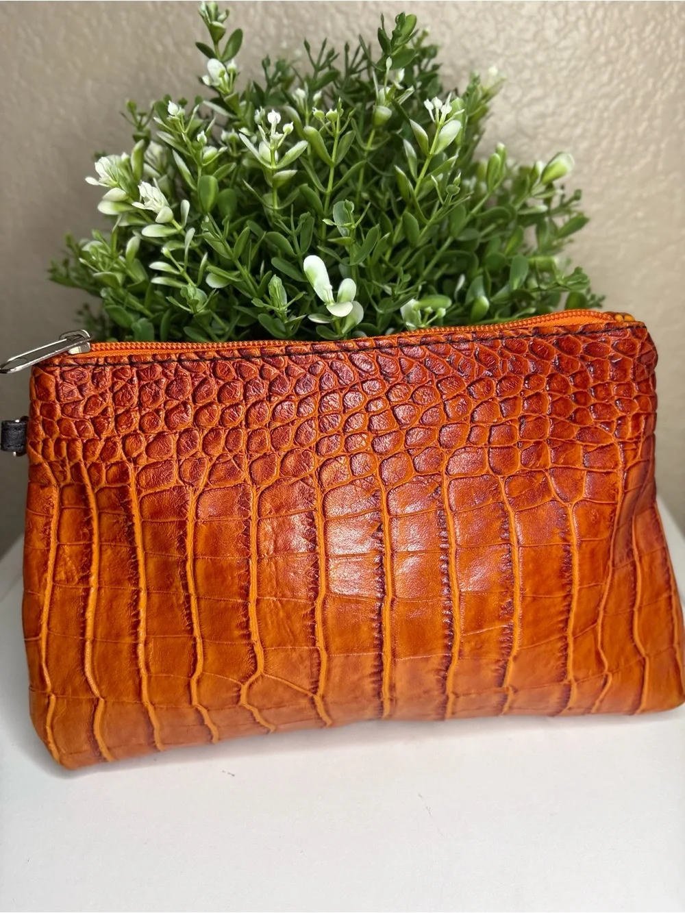 Orange Croc-Embossed Leather Clutch - Women Bags